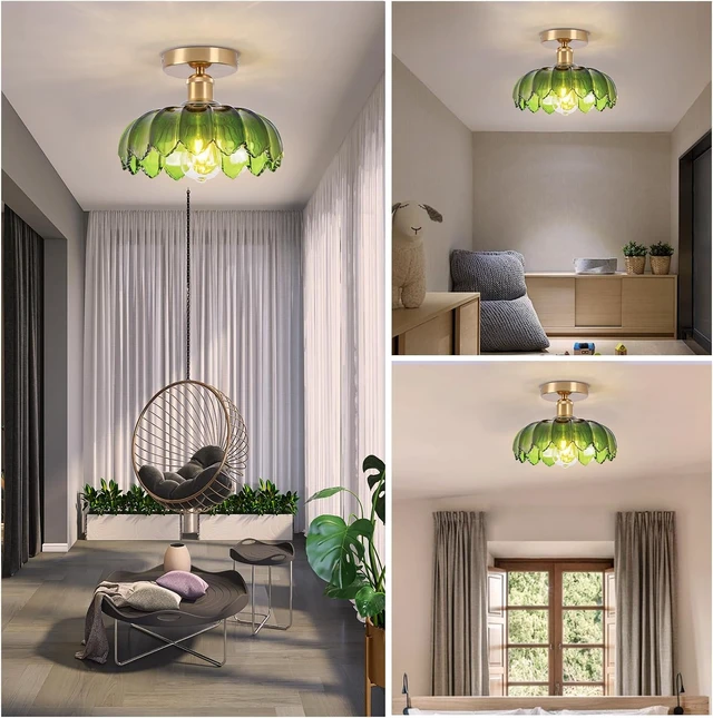 Alt view image 7 of 7 - Chandelier, Flush Mount Ceiling Light, Green Glass Shade Light Fixture, 1 Light Lighting Fixture for Bedroom,Dining Room,Kitchen, Hallway (Green 4112GR)