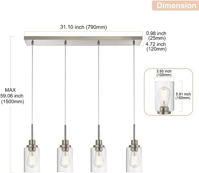 Alt view image 4 of 7 - 4-Lights Pendant Light Fixtures, Modern Brushed Nickel Kitchen Island Lighting with Clear Glass Shade, Adjustable Hanging Ceiling Lamp