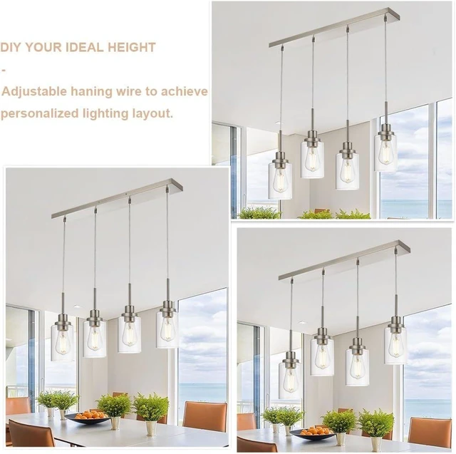Alt view image 2 of 7 - 4-Lights Pendant Light Fixtures, Modern Brushed Nickel Kitchen Island Lighting with Clear Glass Shade, Adjustable Hanging Ceiling Lamp