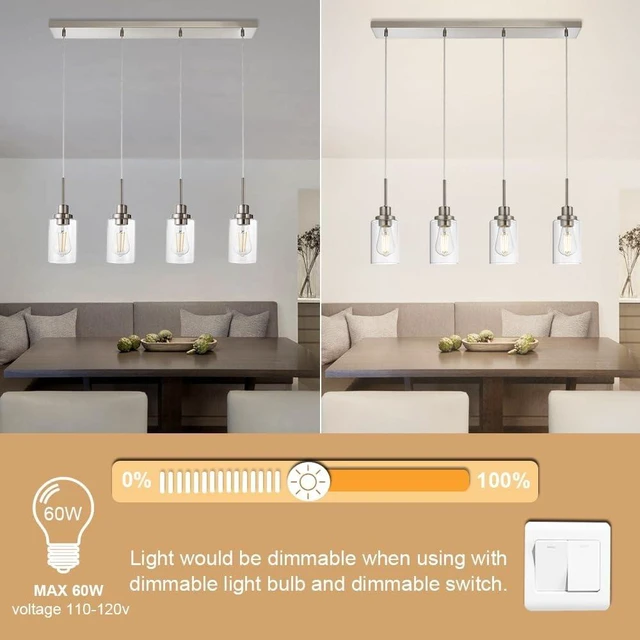 Alt view image 6 of 7 - 4-Lights Pendant Light Fixtures, Modern Brushed Nickel Kitchen Island Lighting with Clear Glass Shade, Adjustable Hanging Ceiling Lamp