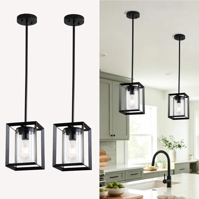 Main image of 2 Pack Farmhouse Black Kitchen Island Pendant Light Fixtures,Height Adjustable Metal Rod Hanging Modern Pendant Lighting with Metal Cage and Clear Glass Shade for Entryway Bedroom