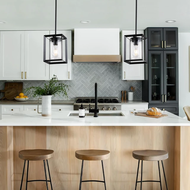 Alt view image 4 of 7 - 2 Pack Farmhouse Black Kitchen Island Pendant Light Fixtures,Height Adjustable Metal Rod Hanging Modern Pendant Lighting with Metal Cage and Clear Glass Shade for Entryway Bedroom