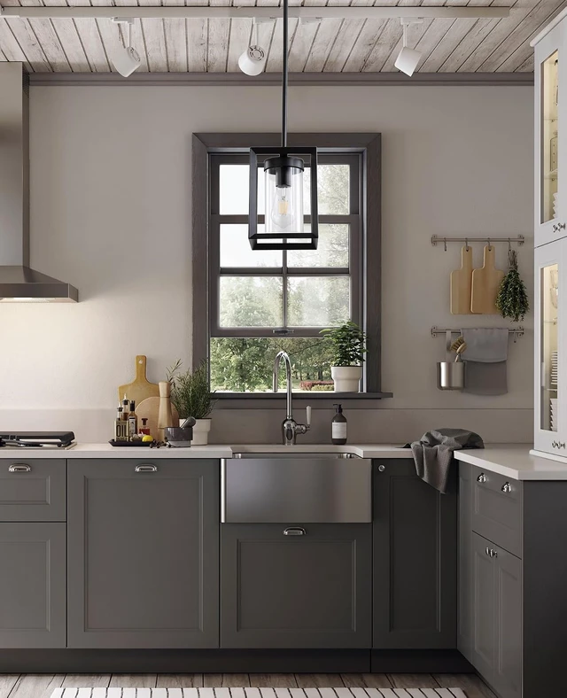 Alt view image 5 of 7 - 2 Pack Farmhouse Black Kitchen Island Pendant Light Fixtures,Height Adjustable Metal Rod Hanging Modern Pendant Lighting with Metal Cage and Clear Glass Shade for Entryway Bedroom