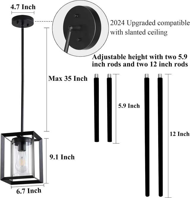Alt view image 3 of 7 - 2 Pack Farmhouse Black Kitchen Island Pendant Light Fixtures,Height Adjustable Metal Rod Hanging Modern Pendant Lighting with Metal Cage and Clear Glass Shade for Entryway Bedroom