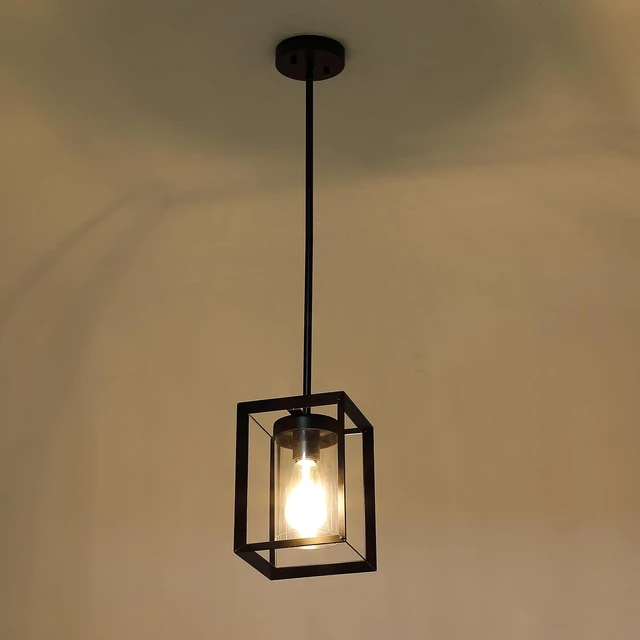 Alt view image 7 of 7 - 2 Pack Farmhouse Black Kitchen Island Pendant Light Fixtures,Height Adjustable Metal Rod Hanging Modern Pendant Lighting with Metal Cage and Clear Glass Shade for Entryway Bedroom