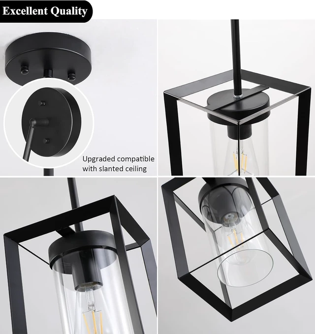 Alt view image 6 of 7 - 2 Pack Farmhouse Black Kitchen Island Pendant Light Fixtures,Height Adjustable Metal Rod Hanging Modern Pendant Lighting with Metal Cage and Clear Glass Shade for Entryway Bedroom