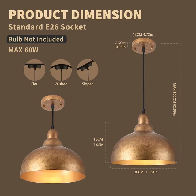 Alt view image 2 of 7 - Ziqqeelam 11.8" Copper Pendant Light Kitchen Island Farmhouse Hanging Gold Pendant Light, Vintage Dome Pendant Lights, Farmhouse Dome Chandelier for Kitchen Island Dining Room