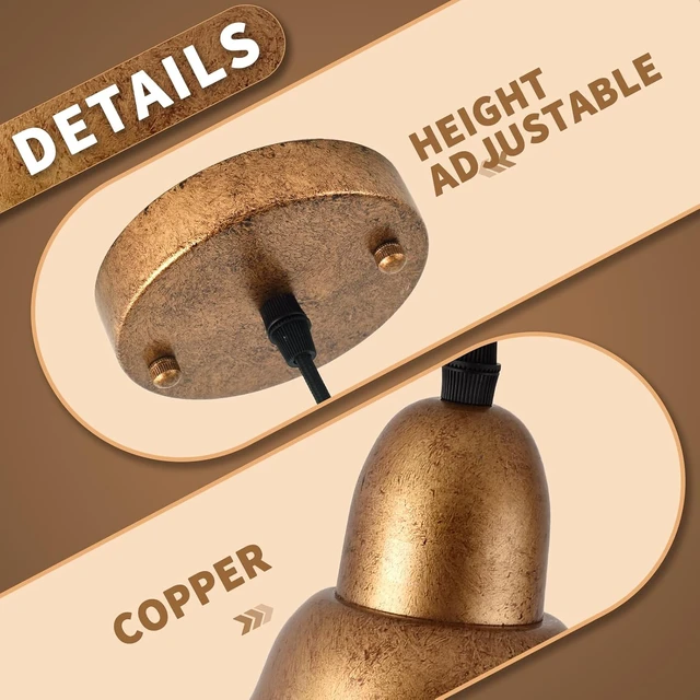 Alt view image 3 of 7 - Ziqqeelam 11.8" Copper Pendant Light Kitchen Island Farmhouse Hanging Gold Pendant Light, Vintage Dome Pendant Lights, Farmhouse Dome Chandelier for Kitchen Island Dining Room