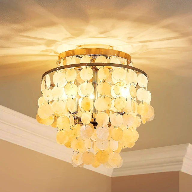 Alt view image 2 of 7 - AGV LIGHTING Capiz Shell Ceiling Light Fixture, Semi Flush Mount Ceiling Light for Bedroom, Kitchen Lighting Fixture, Chrome Ceiling Light