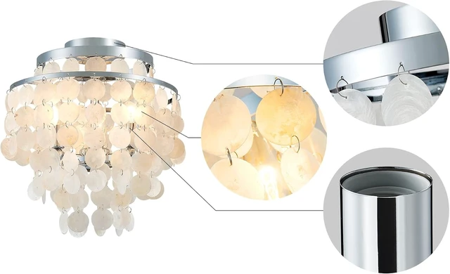 Alt view image 4 of 7 - AGV LIGHTING Capiz Shell Ceiling Light Fixture, Semi Flush Mount Ceiling Light for Bedroom, Kitchen Lighting Fixture, Chrome Ceiling Light