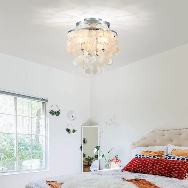 Alt view image 7 of 7 - AGV LIGHTING Capiz Shell Ceiling Light Fixture, Semi Flush Mount Ceiling Light for Bedroom, Kitchen Lighting Fixture, Chrome Ceiling Light