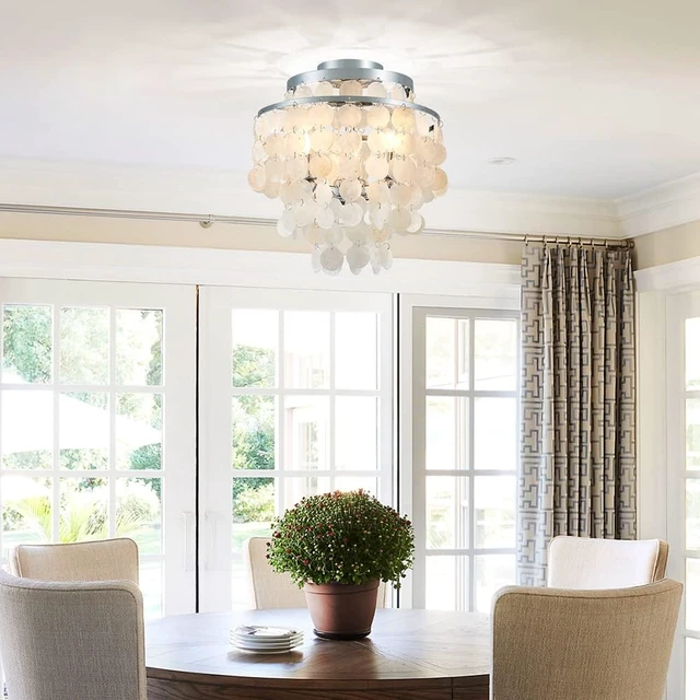 Alt view image 5 of 7 - AGV LIGHTING Capiz Shell Ceiling Light Fixture, Semi Flush Mount Ceiling Light for Bedroom, Kitchen Lighting Fixture, Chrome Ceiling Light