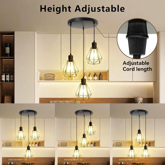 Alt view image 2 of 6 - LTBLIGHT 3-Light Matte Black Adjustable Pendant Light with E26 Base
