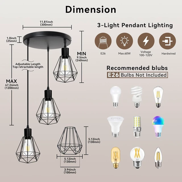 Alt view image 4 of 6 - LTBLIGHT 3-Light Matte Black Adjustable Pendant Light with E26 Base