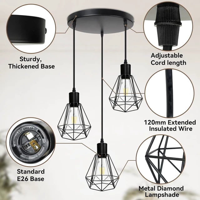 Alt view image 3 of 6 - LTBLIGHT 3-Light Matte Black Adjustable Pendant Light with E26 Base