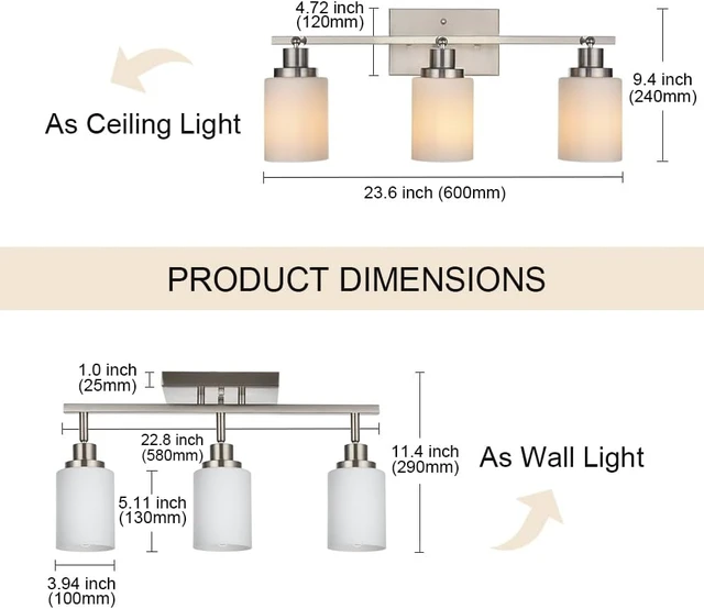 Alt view image 5 of 7 - TODOLUZ Track Lighting Fixtures Ceiling, 3-Lights Brushed Nickel Wall Ceiling Spot Lighting with Opal White Glass, E26 Bulb Base