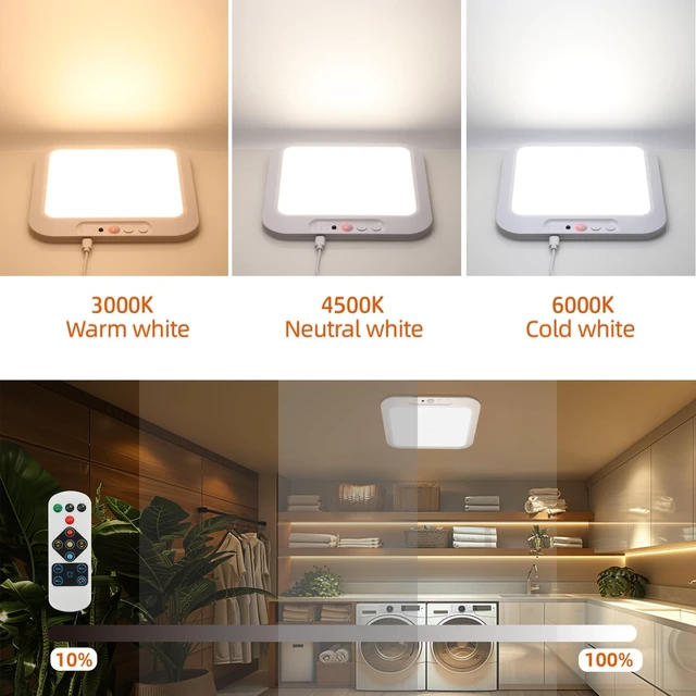 Alt view image 2 of 7 - DAMI Rechargeable Ceiling Light with Remote 2 Pack, 4000mAh Battery, Motion Sensor Indoor Shower Light, Dimmable & 3 CCT (3000K/4500K/6500K), Timer for Closet, Hallway, Bathroom, Patio