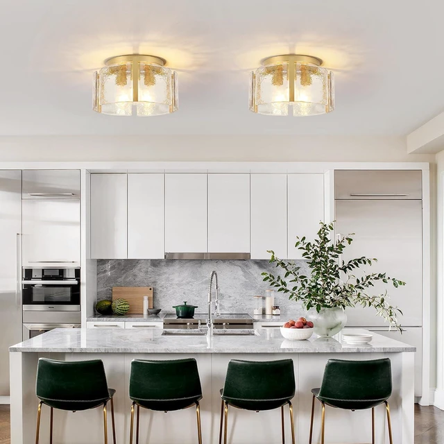 Alt view image 2 of 7 - Modern Gold Semi Flush Mount Ceiling Light, 3-Light Farmhouse Glass Drum Light Fixture, Dimmable Ceiling Lighting for Foyer Kitchen Hallway Bedroom Dining Room