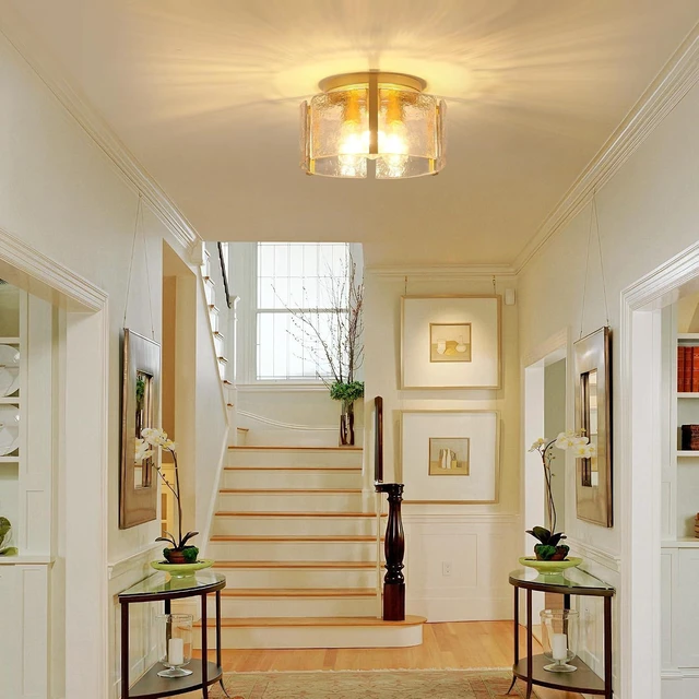Alt view image 3 of 7 - Modern Gold Semi Flush Mount Ceiling Light, 3-Light Farmhouse Glass Drum Light Fixture, Dimmable Ceiling Lighting for Foyer Kitchen Hallway Bedroom Dining Room