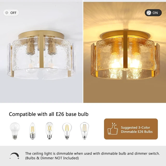 Alt view image 5 of 7 - Modern Gold Semi Flush Mount Ceiling Light, 3-Light Farmhouse Glass Drum Light Fixture, Dimmable Ceiling Lighting for Foyer Kitchen Hallway Bedroom Dining Room
