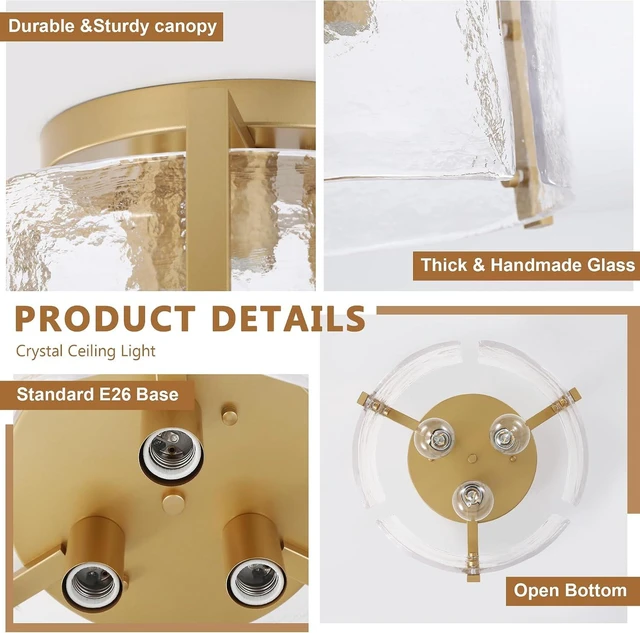 Alt view image 7 of 7 - Modern Gold Semi Flush Mount Ceiling Light, 3-Light Farmhouse Glass Drum Light Fixture, Dimmable Ceiling Lighting for Foyer Kitchen Hallway Bedroom Dining Room