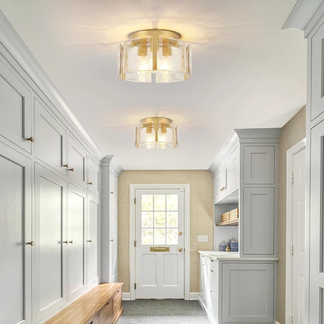 Alt view image 6 of 7 - Modern Gold Semi Flush Mount Ceiling Light, 3-Light Farmhouse Glass Drum Light Fixture, Dimmable Ceiling Lighting for Foyer Kitchen Hallway Bedroom Dining Room