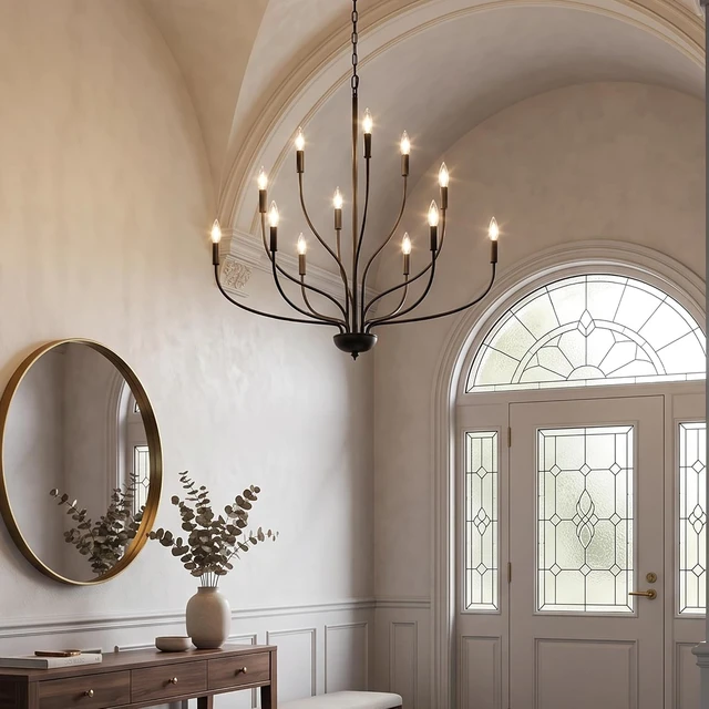 Alt view image 2 of 7 - 12-Light Black Chandelier for Dining Room, 34 Inch Large Farmhouse Chandeliers for High Ceilings, Foyer Industrial Modern Pendant Light Fixture for Living Room Entryway Hallway Kitchen Island Lights