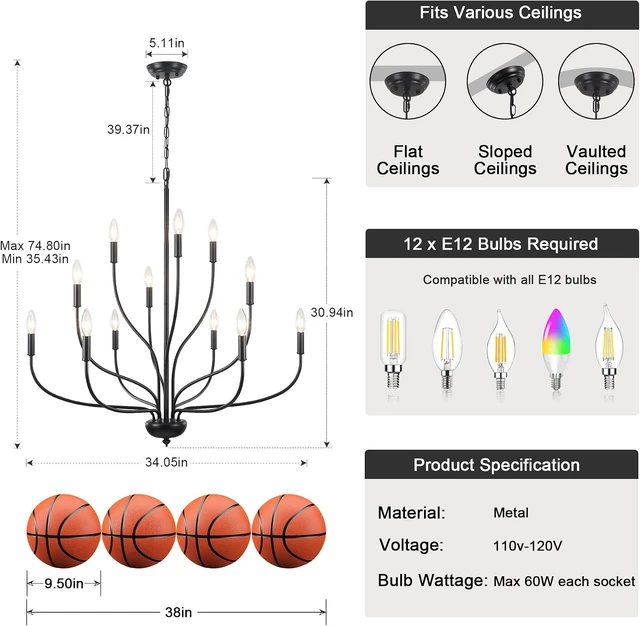 Alt view image 3 of 7 - 12-Light Black Chandelier for Dining Room, 34 Inch Large Farmhouse Chandeliers for High Ceilings, Foyer Industrial Modern Pendant Light Fixture for Living Room Entryway Hallway Kitchen Island Lights