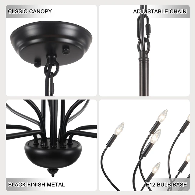 Alt view image 4 of 7 - 12-Light Black Chandelier for Dining Room, 34 Inch Large Farmhouse Chandeliers for High Ceilings, Foyer Industrial Modern Pendant Light Fixture for Living Room Entryway Hallway Kitchen Island Lights