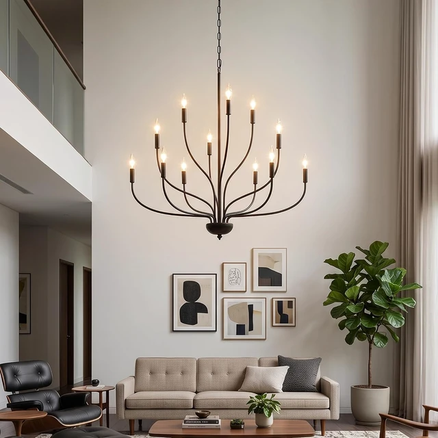 Alt view image 5 of 7 - 12-Light Black Chandelier for Dining Room, 34 Inch Large Farmhouse Chandeliers for High Ceilings, Foyer Industrial Modern Pendant Light Fixture for Living Room Entryway Hallway Kitchen Island Lights