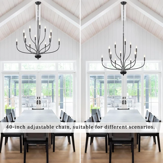Alt view image 6 of 7 - 12-Light Black Chandelier for Dining Room, 34 Inch Large Farmhouse Chandeliers for High Ceilings, Foyer Industrial Modern Pendant Light Fixture for Living Room Entryway Hallway Kitchen Island Lights