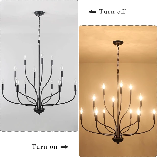 Alt view image 7 of 7 - 12-Light Black Chandelier for Dining Room, 34 Inch Large Farmhouse Chandeliers for High Ceilings, Foyer Industrial Modern Pendant Light Fixture for Living Room Entryway Hallway Kitchen Island Lights