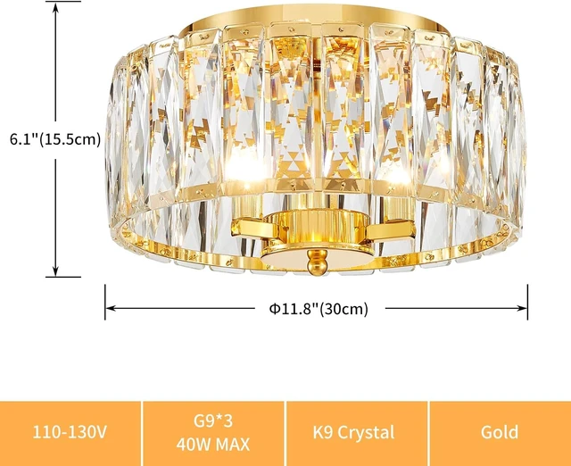 Alt view image 2 of 7 - D12in K9 Crystal Ceiling Light, 3-Light Modern Flushmount Light Fixture for Bedoom, Dinning Room, Hallway, Entryway, D12×H6inch, Gold Finish