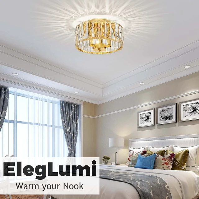 Alt view image 7 of 7 - D12in K9 Crystal Ceiling Light, 3-Light Modern Flushmount Light Fixture for Bedoom, Dinning Room, Hallway, Entryway, D12×H6inch, Gold Finish