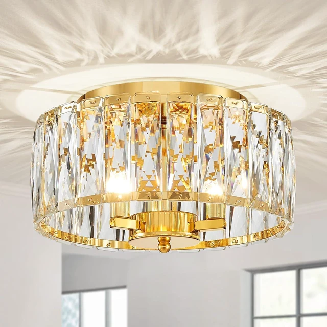 Main image of D12in K9 Crystal Ceiling Light, 3-Light Modern Flushmount Light Fixture for Bedoom, Dinning Room, Hallway, Entryway, D12×H6inch, Gold Finish
