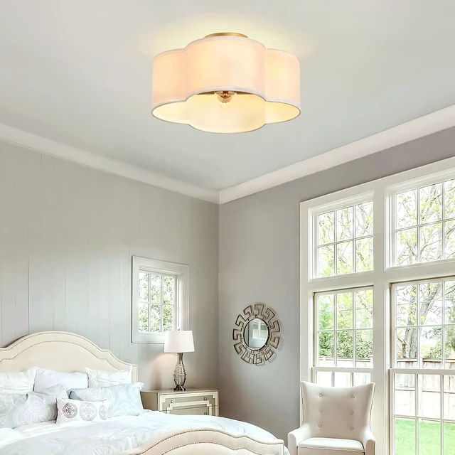 Alt view image 7 of 7 - Gold 4-Light Semi Flush Mount Ceiling Light White Fabric