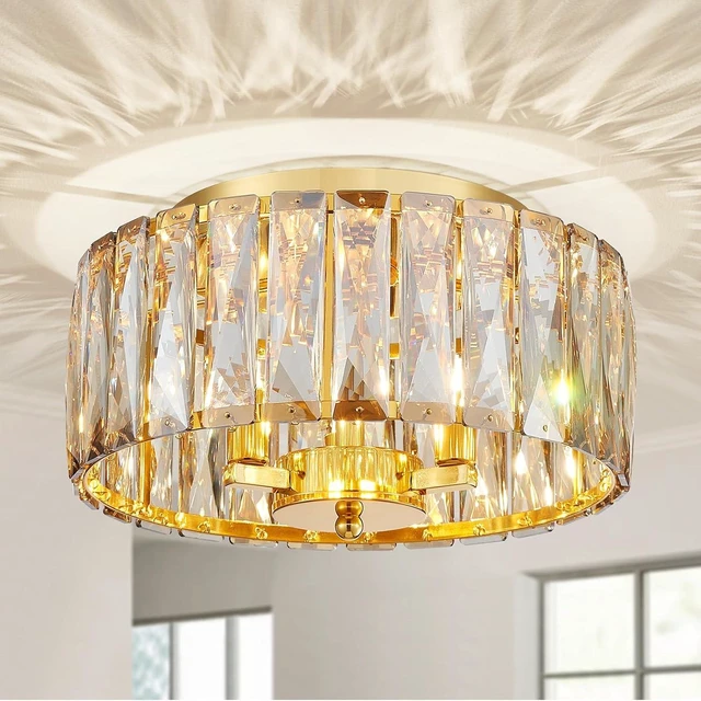 Main image of D12in Champagne Crystal Ceiling Light, 3-Light Modern Flushmount Light Fixture for Bedoom, Dinning Room, Hallway, Entryway, D12×H6inch, Brown K9 Crystal & Gold Finish