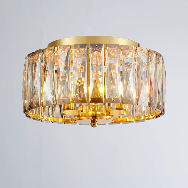 Alt view image 2 of 7 - D12in Champagne Crystal Ceiling Light, 3-Light Modern Flushmount Light Fixture for Bedoom, Dinning Room, Hallway, Entryway, D12×H6inch, Brown K9 Crystal & Gold Finish