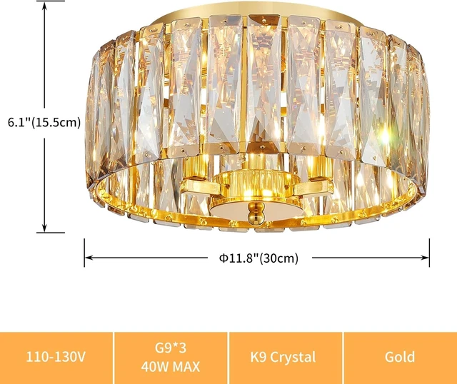 Alt view image 4 of 7 - D12in Champagne Crystal Ceiling Light, 3-Light Modern Flushmount Light Fixture for Bedoom, Dinning Room, Hallway, Entryway, D12×H6inch, Brown K9 Crystal & Gold Finish