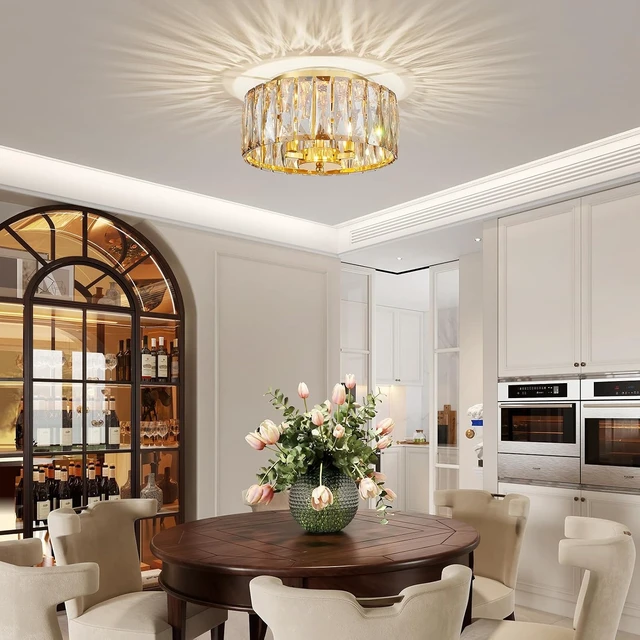 Alt view image 7 of 7 - D12in Champagne Crystal Ceiling Light, 3-Light Modern Flushmount Light Fixture for Bedoom, Dinning Room, Hallway, Entryway, D12×H6inch, Brown K9 Crystal & Gold Finish