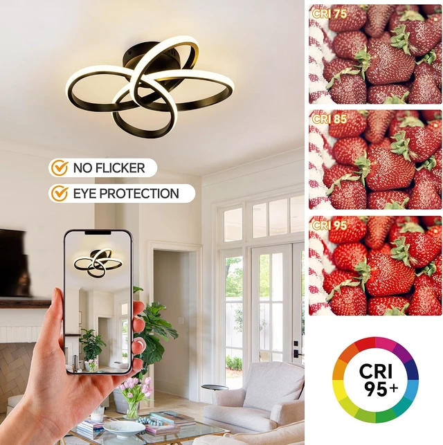 Alt view image 4 of 7 - Modern Ceiling Light, 36W LED Dimmable Ceiling Light with Remote Control, 3000-6000K Color Temperature Changing, Black Small Chandelier for Bedroom, Entryway, Hallway, Kitchen