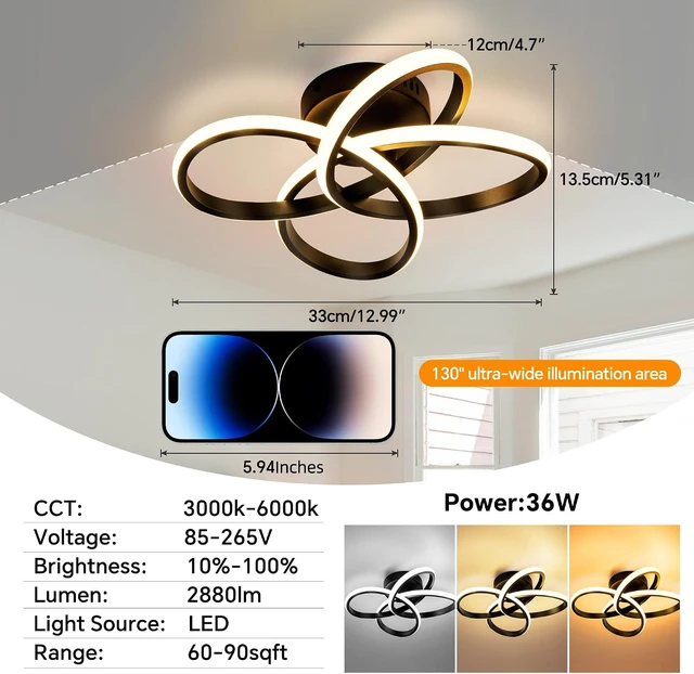 Alt view image 7 of 7 - Modern Ceiling Light, 36W LED Dimmable Ceiling Light with Remote Control, 3000-6000K Color Temperature Changing, Black Small Chandelier for Bedroom, Entryway, Hallway, Kitchen