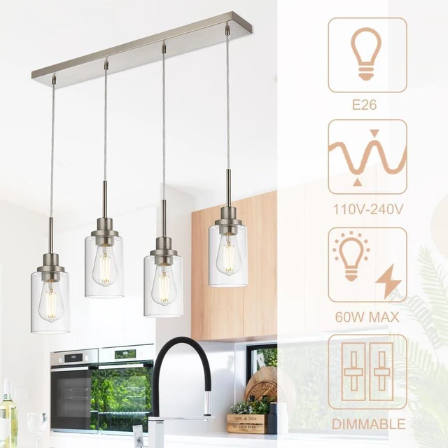 Alt view image 5 of 7 - 4-Lights Pendant Light Fixtures, Modern Brushed Nickel Kitchen Island Lighting with Clear Glass Shade, Adjustable Hanging Ceiling Lamp