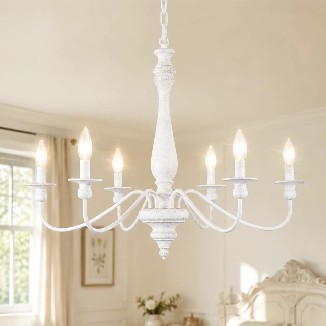 Main image of 6-Light Farmhouse Chandelier, Distressed White Chandelier with Adjustable Chain, Rustic Vintage Candle Ceiling Light Fixture, E12 Dining Room Chandelier for Living Room, Bedroom, Foyer, Entryway