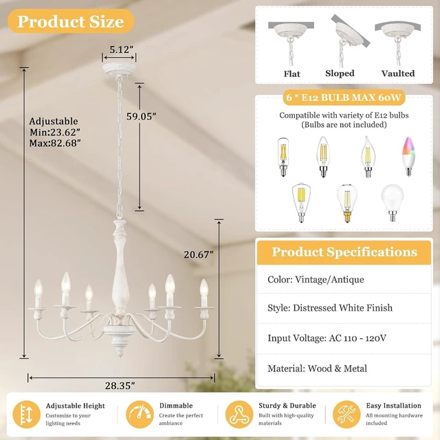 Alt view image 2 of 7 - 6-Light Farmhouse Chandelier, Distressed White Chandelier with Adjustable Chain, Rustic Vintage Candle Ceiling Light Fixture, E12 Dining Room Chandelier for Living Room, Bedroom, Foyer, Entryway