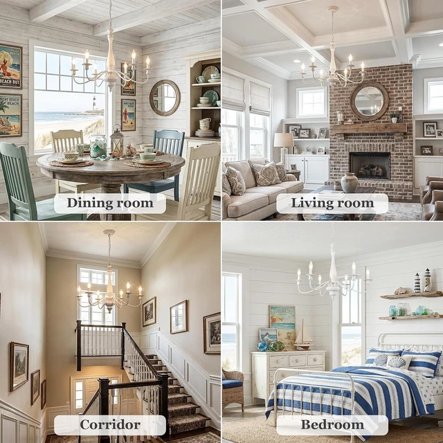 Alt view image 3 of 7 - 6-Light Farmhouse Chandelier, Distressed White Chandelier with Adjustable Chain, Rustic Vintage Candle Ceiling Light Fixture, E12 Dining Room Chandelier for Living Room, Bedroom, Foyer, Entryway