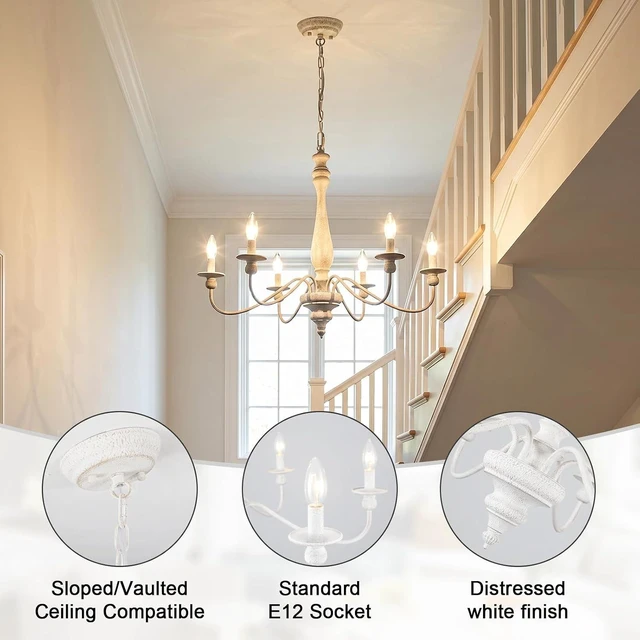 Alt view image 6 of 7 - 6-Light Farmhouse Chandelier, Distressed White Chandelier with Adjustable Chain, Rustic Vintage Candle Ceiling Light Fixture, E12 Dining Room Chandelier for Living Room, Bedroom, Foyer, Entryway