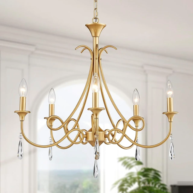 Alt view image 2 of 7 - 5-Light Farmhouse Chandeliers for Dining Room Lighting Fixtures Hanging, Rustic Gold Candle Modern Chandelier Vintage Hanging Ceiling Lamp for Bedroom Kitchen Island Living Room Entryway Foyer, Gold