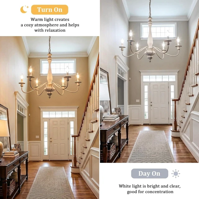 Alt view image 5 of 7 - 6-Light Farmhouse Chandelier, Distressed White Chandelier with Adjustable Chain, Rustic Vintage Candle Ceiling Light Fixture, E12 Dining Room Chandelier for Living Room, Bedroom, Foyer, Entryway