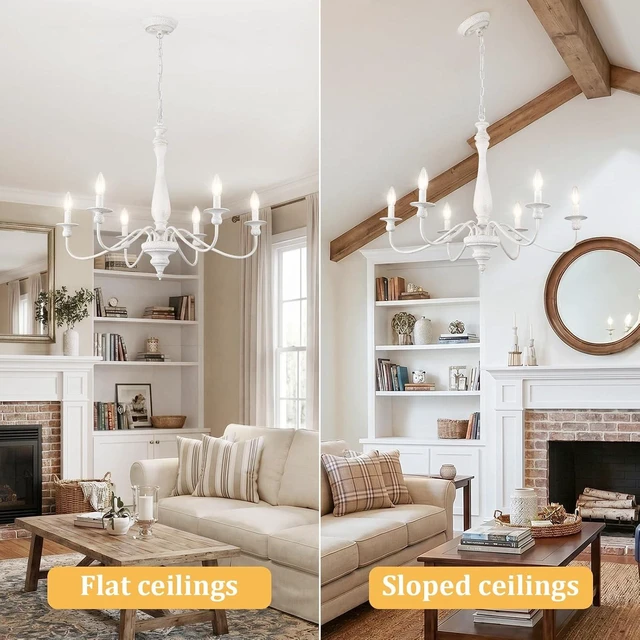 Alt view image 7 of 7 - 6-Light Farmhouse Chandelier, Distressed White Chandelier with Adjustable Chain, Rustic Vintage Candle Ceiling Light Fixture, E12 Dining Room Chandelier for Living Room, Bedroom, Foyer, Entryway